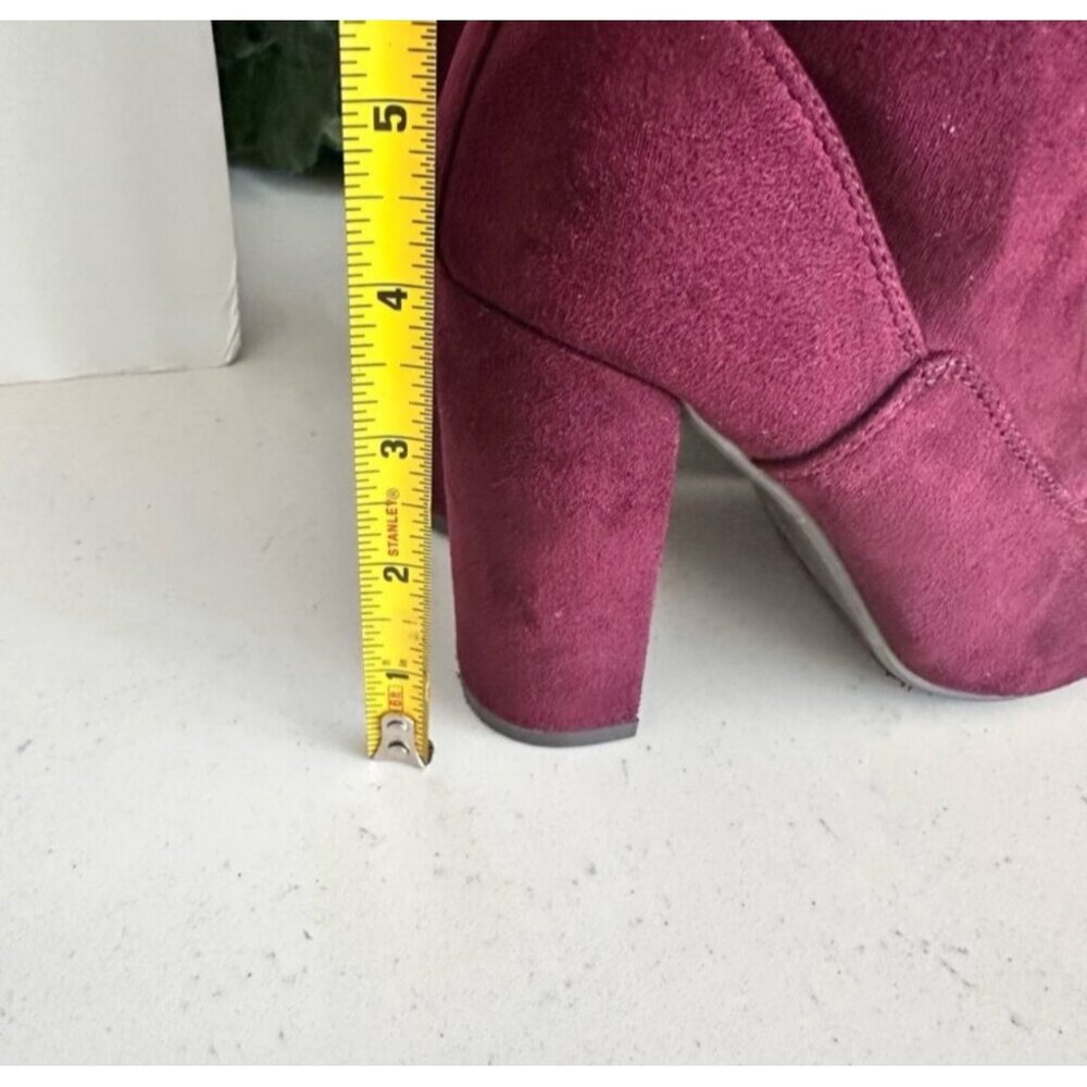 Burgundy Suede Ankle Booties With Front Zipper & Block Heels - Picture 5 of 13